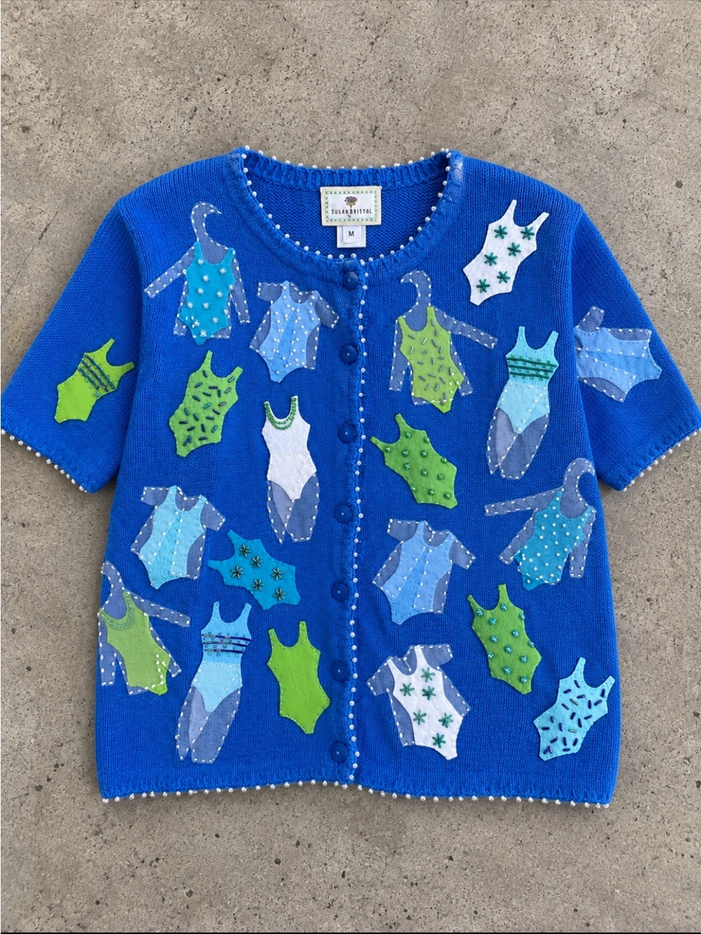 1999 Susan Bristol Cardigan Sweater Woman M Blue Swimsuit Appliqué Shoulder Pads